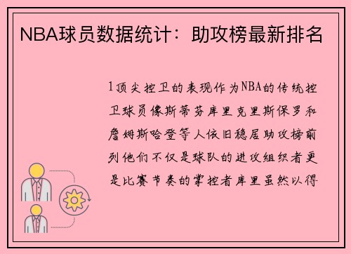 NBA球员数据统计：助攻榜最新排名