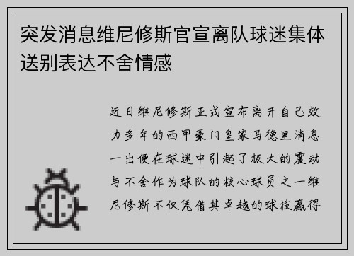 突发消息维尼修斯官宣离队球迷集体送别表达不舍情感